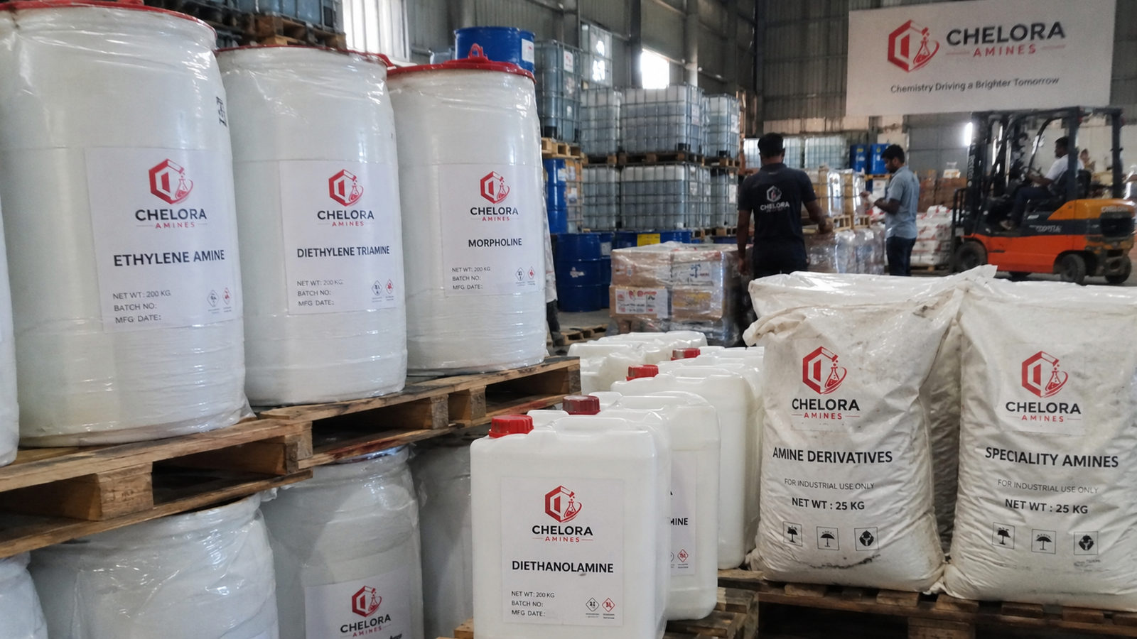 Chelora Amines warehouse with ethylene amine, diethylene triamine and morpholine drums