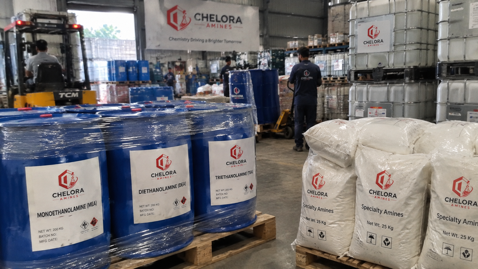 MEA, DEA and TEA drums with specialty amine bags and IBC totes