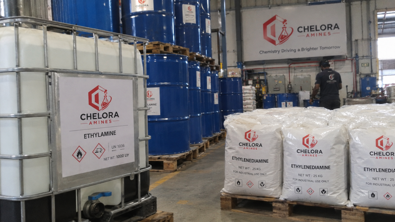 Ethylamine IBC tote and ethylenediamine 25 kg bags