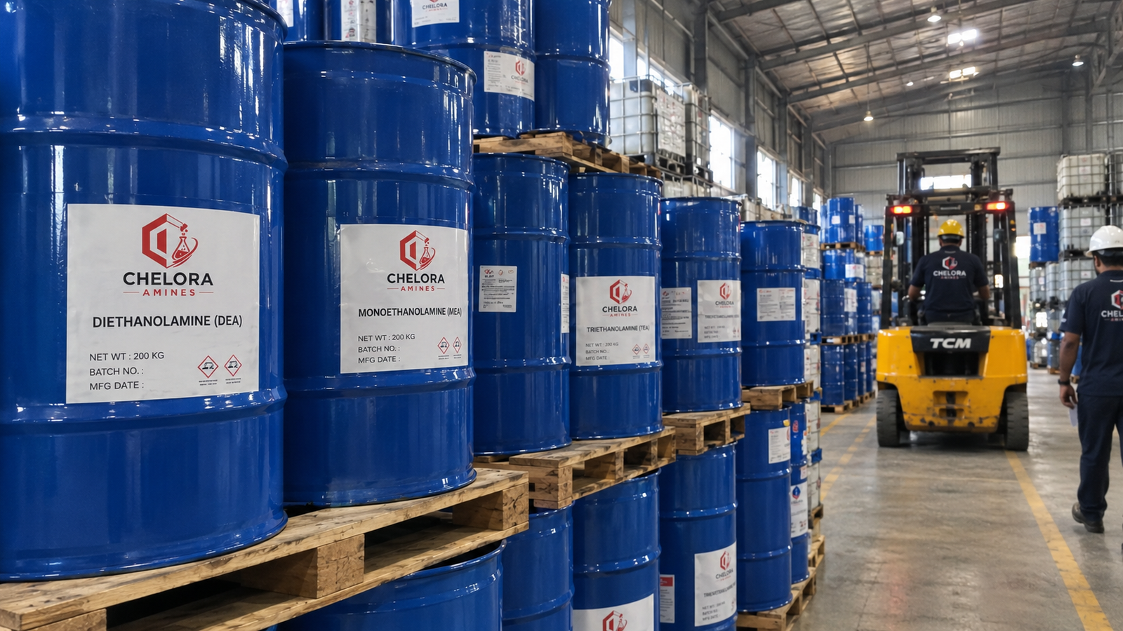 Diethanolamine, monoethanolamine and triethanolamine drums in the Chelora Amines warehouse