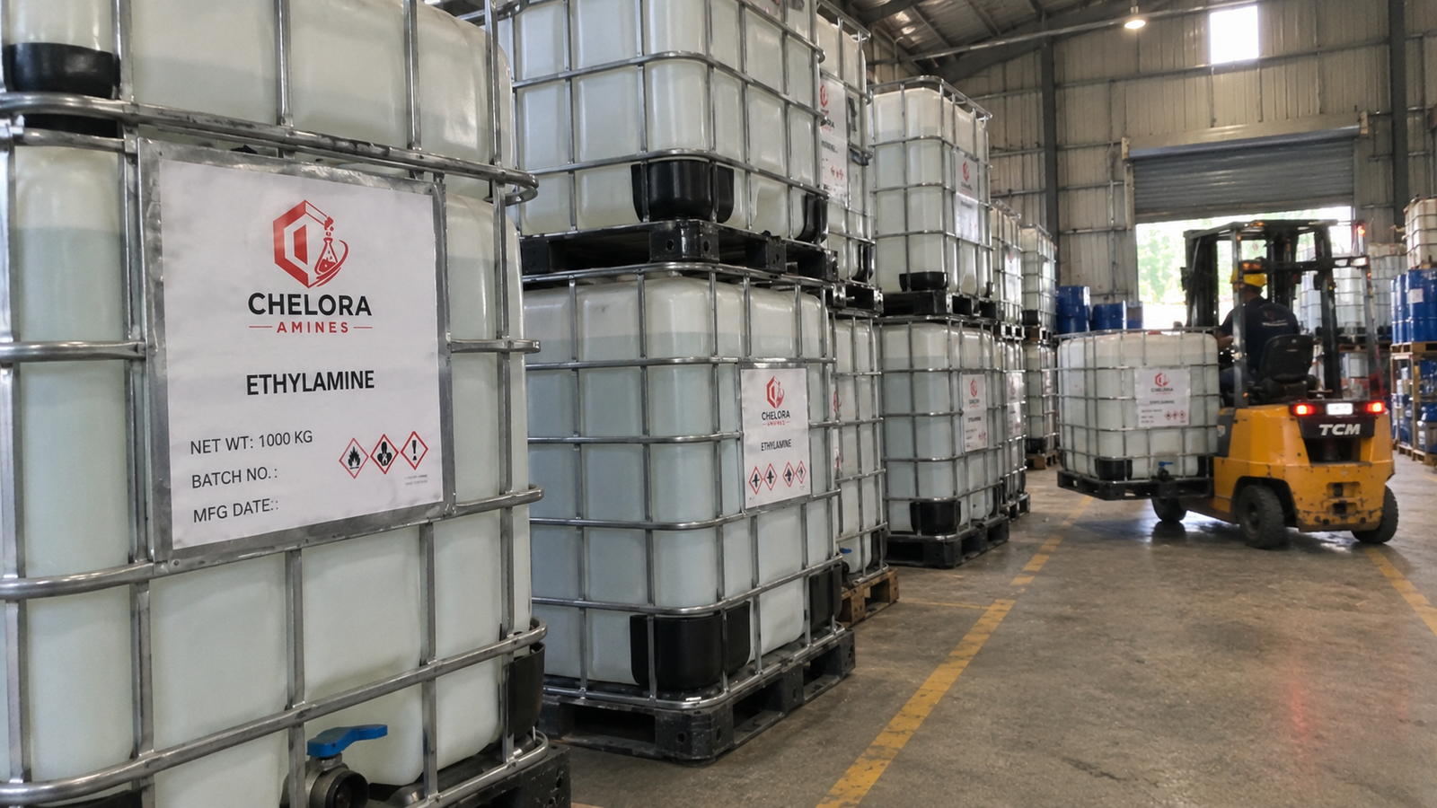 Ethylamine in 1000 kg IBC totes moved by forklift