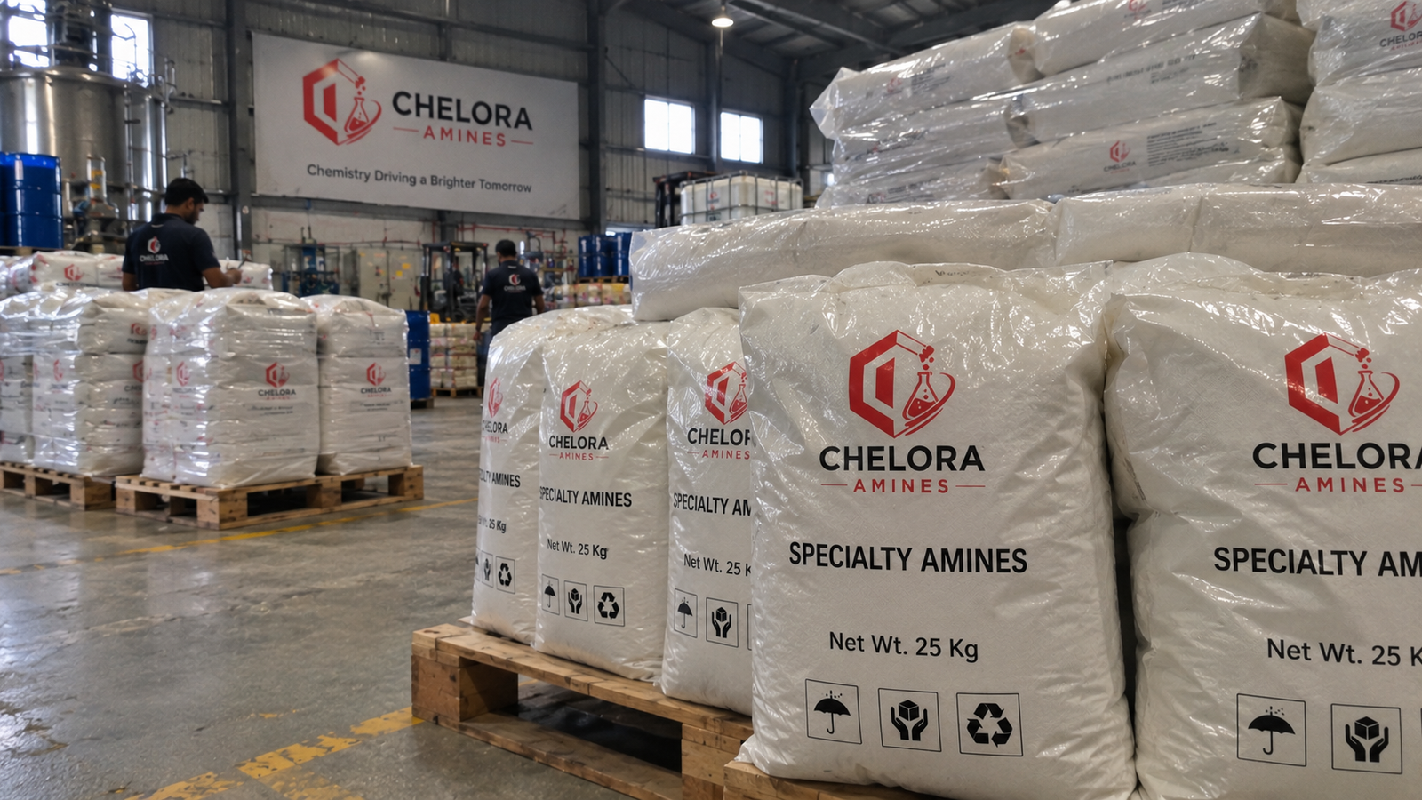 Specialty amines in 25 kg bags on pallets