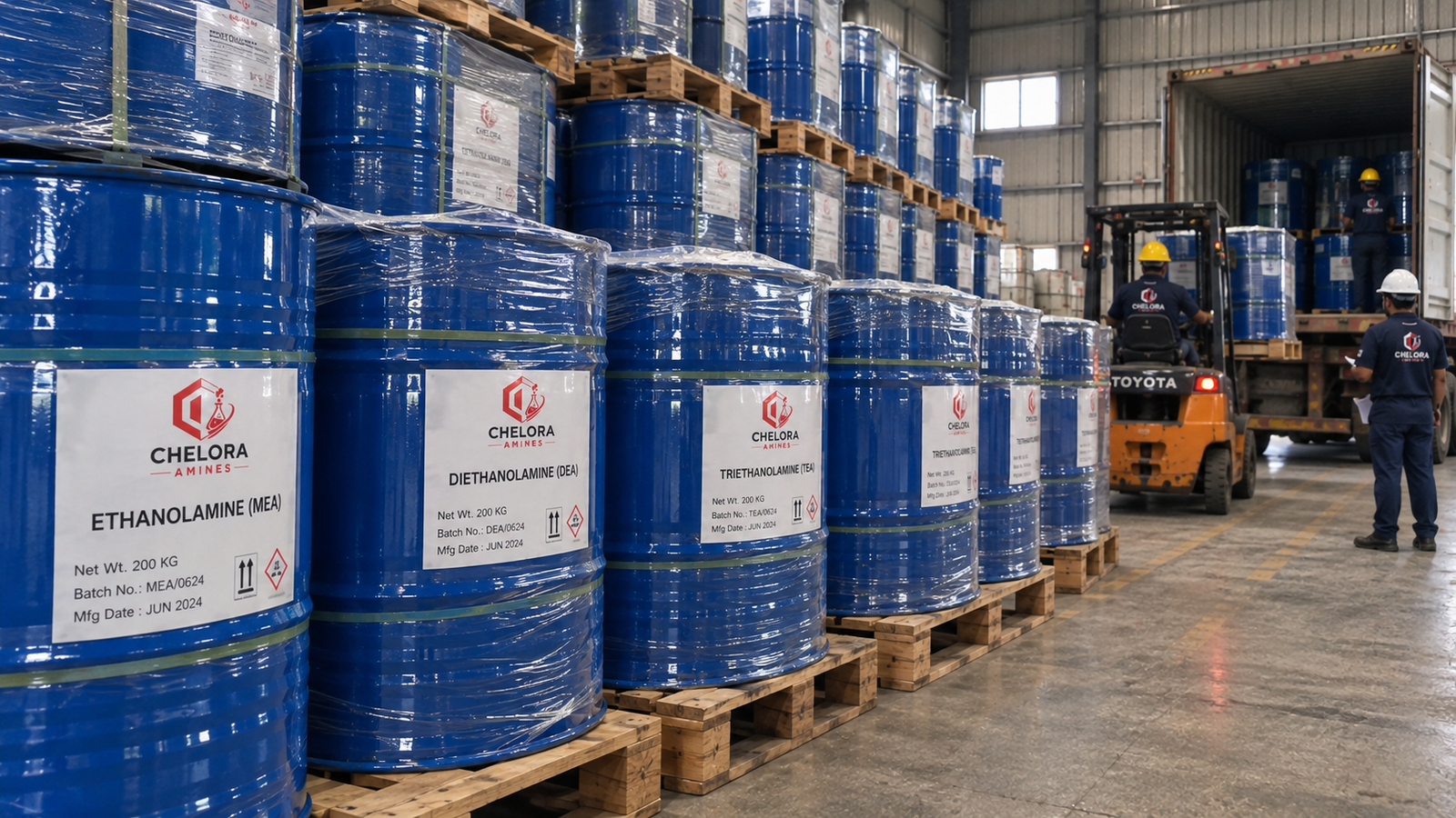 Amine drums being loaded into a container for dispatch